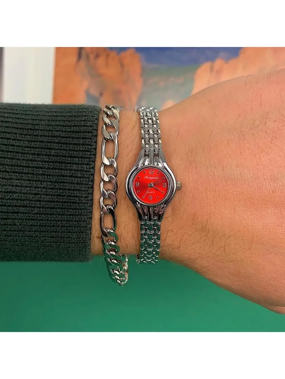 Minimalistic Silver and Red Face round dainty stainless steel y2k 2000s style wa